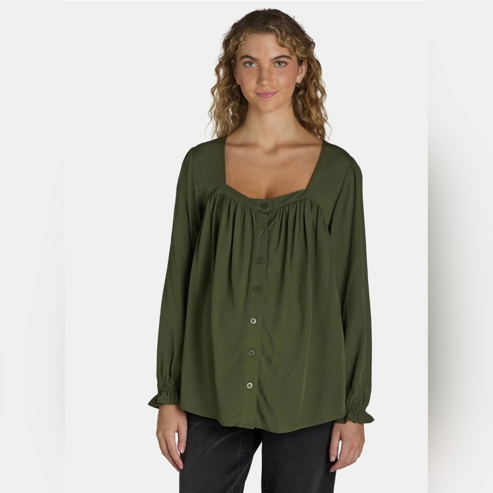 Time and Tru Green Maternity Long Sleeve Blouse with Square Collar- Size XL